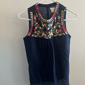 J. Crew Navy Top with Colorful Embroidery